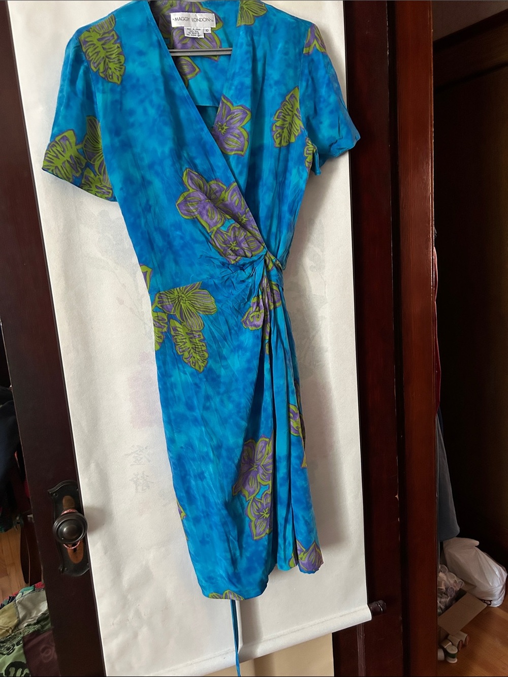 90s 'Maggy London' Blue Floral Print 100% Silk Wrap Dress, size 10